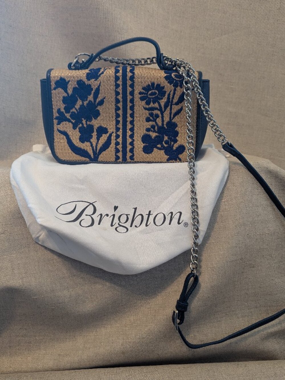 Brighton Blue Floral Embroidered Straw Crossbody Bag with Silver Chain